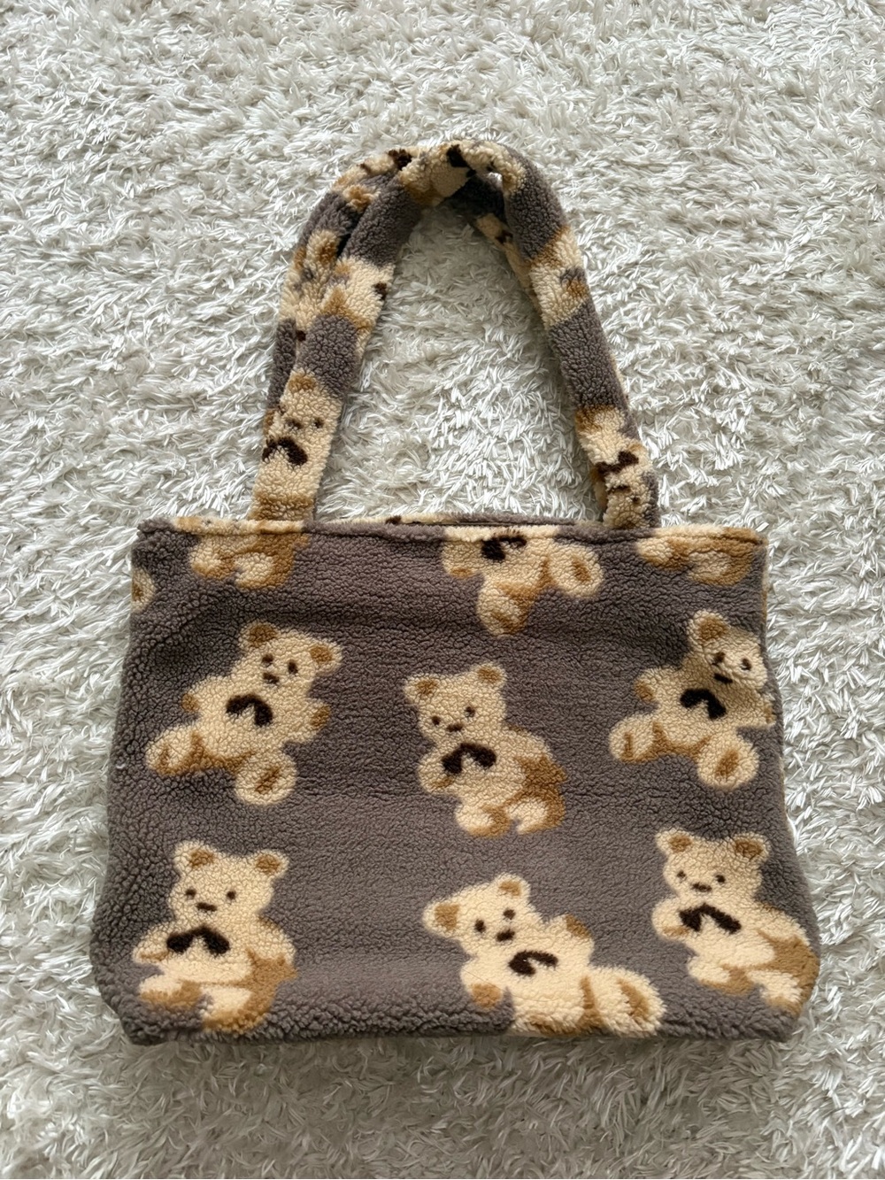 Plush Soft Fuzzy Cute Beige Taupe Brown Teddy Bear Print Tote Bag Zipper Pockets